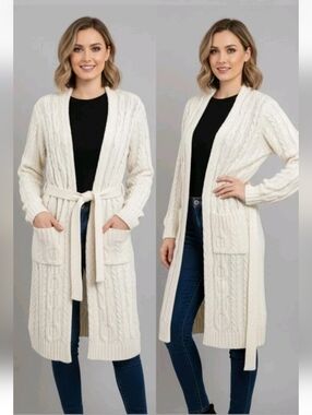 Express Size Large Ivory Cable Knit Belted Open Front Cardigan Sweater
